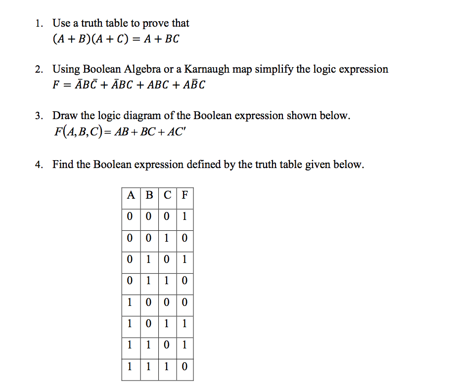 Use A Truth Table To Prove That A B Ac A 1 Chegg Com