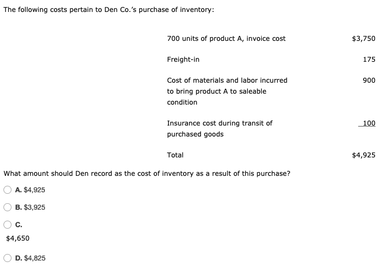 The Following Costs Pertain To Den Co S Purchase Of Chegg 