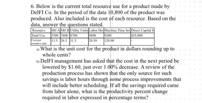 6. Below is the current total resource use for a product made by DelFI Co. In the period of the data 10,800 of the product was produced. Also included is the cost of each resource. Based on the data, answer the questions stated Resource Mtl A Mtl B Utility Units Labor Hrs Machine Time hrs Direct Capital $ Total Use 9200 3500 7600 18700 13.5 26.5 11.5 8800 $55,000 ost per 20.50 120.00 unit a) What is the unit cost for the product in dollars rounding up to whole cents? b) DelFI management has asked that the cost 

<div class=
