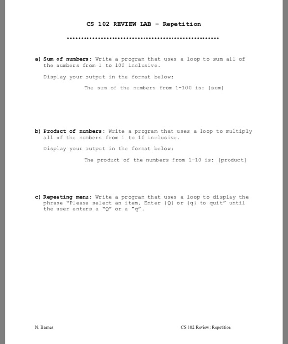 Solved Cs 102 Review Lab Repetition A Sum Of Numbers Wr Chegg Com