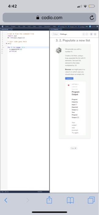 4:42 을 codio.com 3. 2. Populate a new list 西卬。