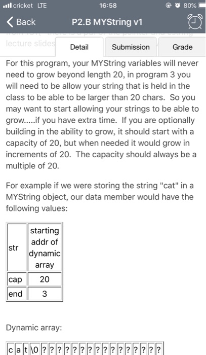 ll cricket LTE 80% 16:58 Back P2.B MYString v1 Detail Submission Grade For this program, your MYString variables will never n