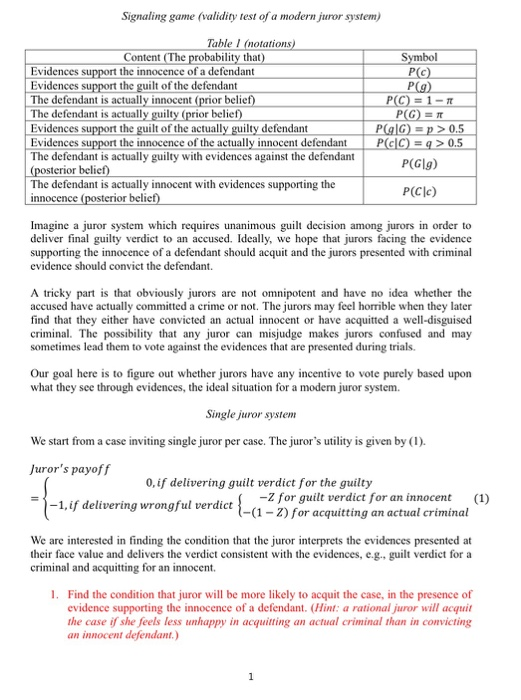 Signaling Game Validity Test Of A Modern Juror Sy Chegg Com