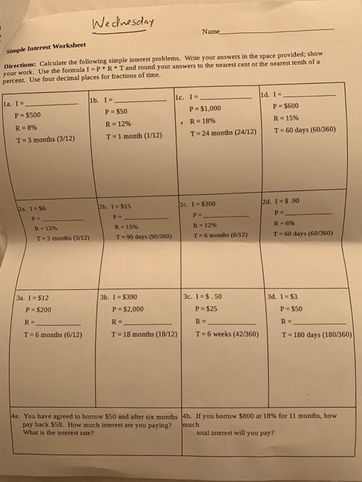 Solved We daesday Simple Interest Worksheet Directions: | Chegg.com