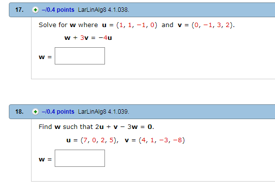 Solved 17 10 4 Points Larlinalg8 4 1 038 Solve For W Chegg Com