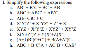 Solved I Simplify The Following Expressions A Ab B C Chegg Com