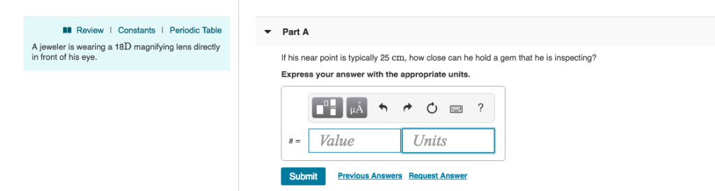 Solved A Jeweler Is Wearing A 18d Magnifying Lens Directl Chegg Com