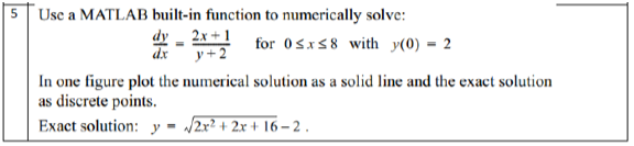 5 Usc a MATLAB built-in function to numerically solve: dr-ay for OSxS8 with y(0)-2 dx y+2 In one figure plot the numerical solution as a solid line and the exact solution as discrete points Exact solution: y- 2x2 + 2x + 16-2.
