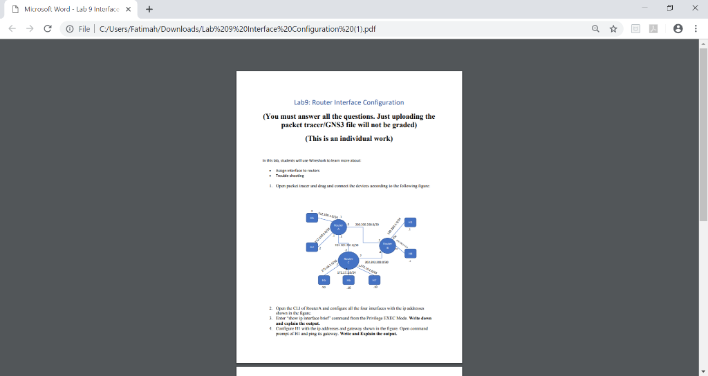 Microsoft Word - Lab 9 Interface x+ > C O File! C:/Users/Fatimah/Downloads/Lab%20g%20Interface%20Configuration%20(1).pdf Lab9