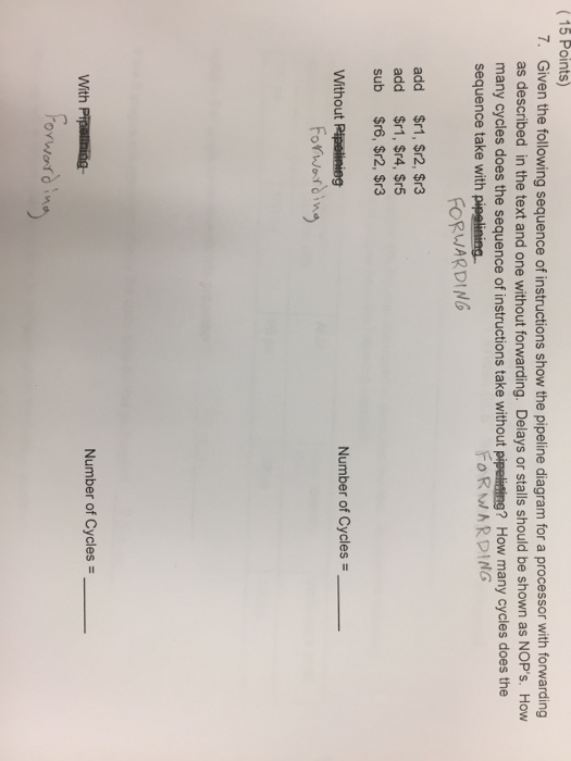 (15 Points) 7. Given the following sequence of instructions show the pipeline diagram for a processor with forwarding as described in the text and one without forwarding. Delays or stalls should be shown as NOPs. How many cycles does the sequence of instructions take without pipelizing? How many cycles does the sequence take with pipelining FORWARDING FORWARDING add add sub $r1, $r2, $r3 $r1, $r4, $r5 $re, $r2, $r3 Without Number of Cycles Fofiveting Number of Cycles ro in