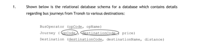1. Shown below is the relational database schema for a database which contains details regarding bus journeys from Tronoh to