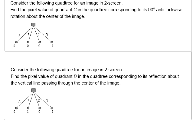 Consider the following quadtree for an image in 2-screen Find the pixel value of quadrant C in the quadtree corresponding to its 90° anticlockwise rotation about the center of the image. 0 Con sider the following quadt ree for an image in 2-screen Find the pixel value of quadrant D in the quadtree corresponding to its reflection about the vertical line passing through the center of the image.
