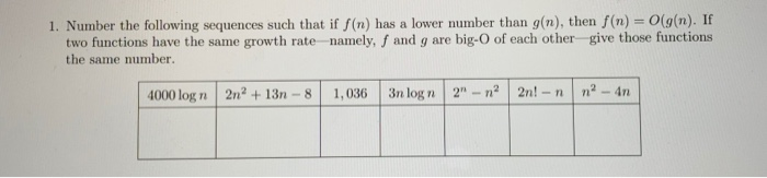 1. Number the following sequences such that if f(n) has a lower number than g(n), then f(n) O(g(n). If two functions have the