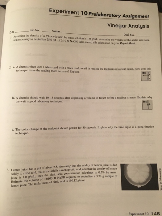 Experiment 10 Prelaboratory Assignment Vinegar Chegg 