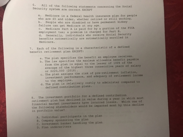 Solved The Following Multiple Choice Questions Are Worth All Of The Tollowing Statements Concerning Social Security System Are Correct Except A