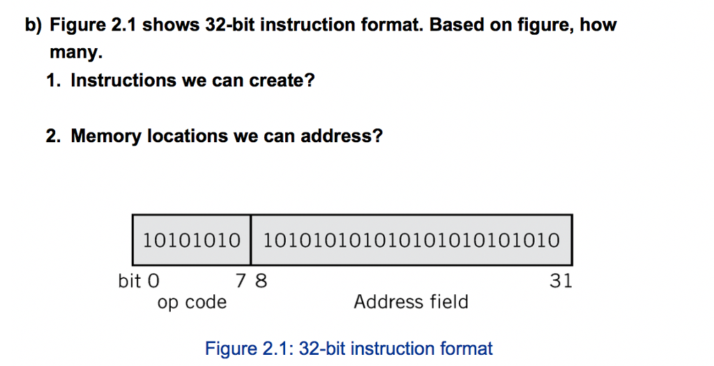 b) Figure 2.1 shows 32-bit instruction format. Based on figure, how many. 1. Instructions we can create? 2. Memory locations we can address? 10101010 | 101010101010101010101010 bit O 7 8 31 op code Address field Figure 2.1: 32-bit instruction format