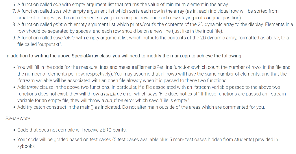 6. A function called min with empty argument list that returns the value of minimum element in the array. 7. A function calle