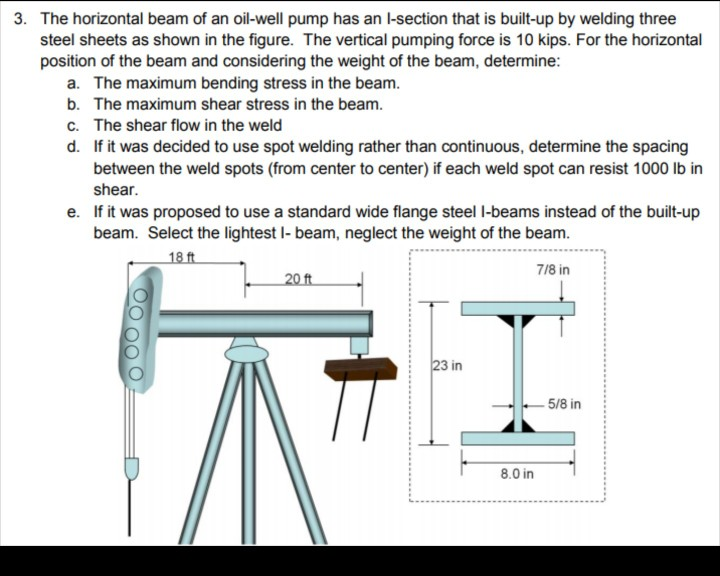 3. The horizontal beam of an oil-well pump has an I-section that is built-up by welding three steel sheets as shown in the figure. The vertical pumping force is 10 kips. For the horizontal position of the beam and considering the weight of the beam, determine: a. The maximum bending stress in the beam. b. The maximum shear stress in the beam. c. The shear flow in the weld d. If it was decided to use spot welding rather than continuous, determine the spacing between the weld spots (from center to center) if each weld spot can resist 1000 lb in shear. e. If it was proposed to use a standard wide flange steel I-beams instead of the built-up beam. Select the lightest I- beam, neglect the weight of the beam. 18ft 718 in 20ft 23 in 5/8 in 8.0in