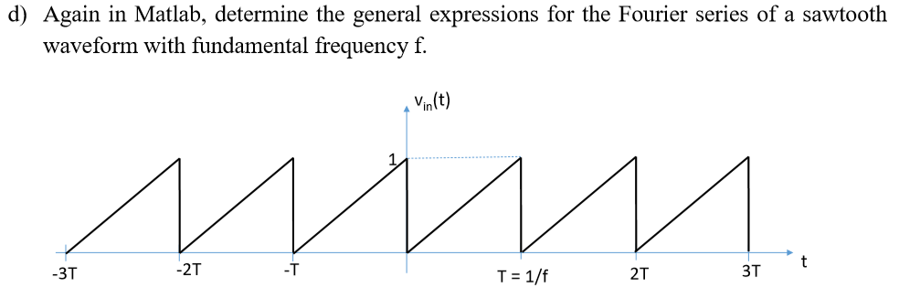 d) Again in Matlab, determine the general expressions for the Fourier series of a sawtooth waveform with fundamental frequenc