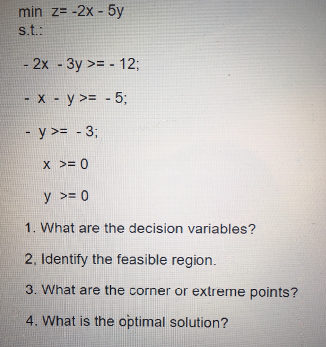 Solved Min Z 2x 5y S T 2x 3y 12 X Y 5 Y3 1 Wh Chegg Com