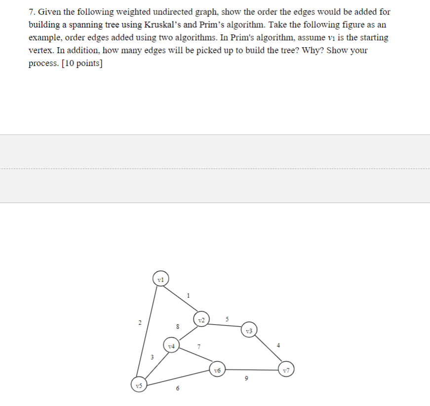 7. Given the following weighted undirected graph, show the order the edges would be added for building a spanning tree using