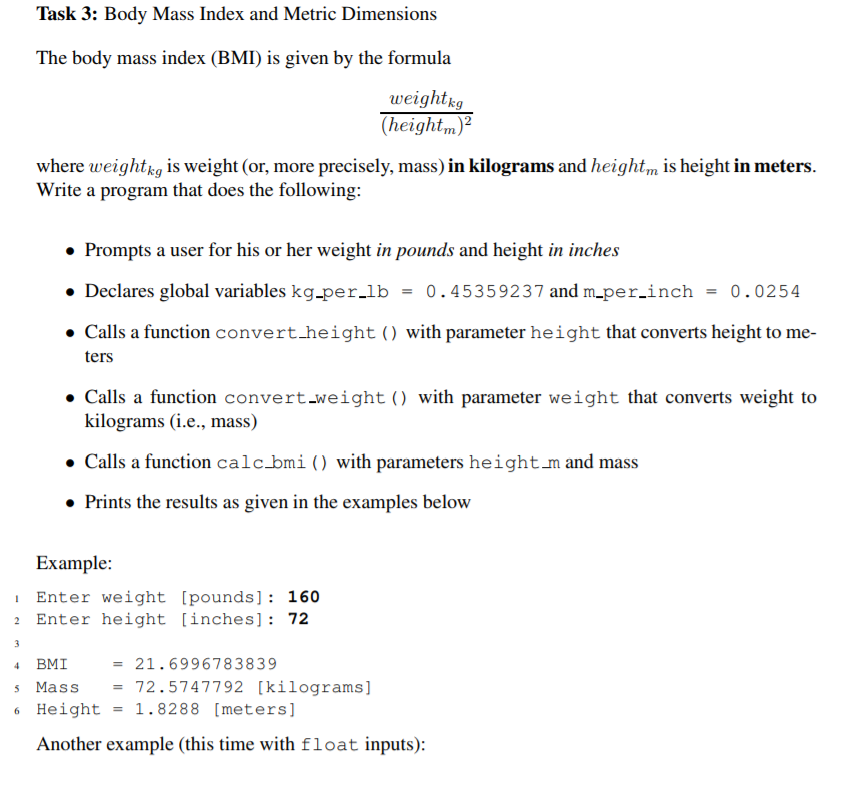 Solved Task 3 Body Mass Index And Metric Dimensions The
