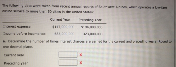 The following data were taken from recent annual reports of Southwest Airlines, which operates a low-fare airline service to more than 50 cities in the United States: Interest expense Income before income tax a. Determine the number of times interest charges are earned for the current and preceding years. Round to Current Year Preceding Year $147,000,000 $194,000,000 323,000,000 685,000,000 one decimal place. Current year Preceding year