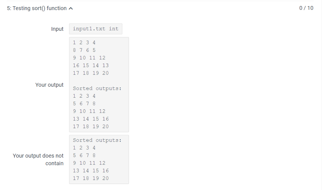 0/10 5: Testing sort() function ^ Input inputi.txt int 1 2 34 8765 9 10 11 12 16 15 14 13 17 18 19 20 Your output Sorted outp