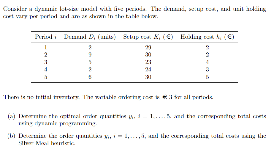 Consider a dynamic lo-size model with five periods. The demand, tup cnt, and unit holding cost vary per period and are as shown in the table below Period Deand Di (units) Setup cost Ki () Holding cost hi () 29 30 2 24 30 6 There is no initial inventory. The variable ordering cost is 3 for all periods (a) Determine the optimal order quantitics y,i,...,5, and the corresponding total costs using dynamic programming. (b) Determine the order quantities yi, i-1,...,5, and the corresponding total costs using the Silver-Meal heuristic