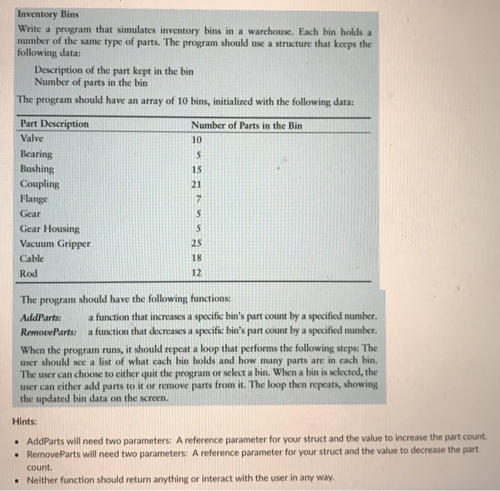 Inventory Bins Write a program that simulates inventory bins in a warchouse. Each bin holds a number of the same type of part