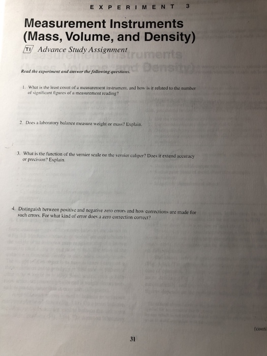 Solved E XPERIME NT3 Measurement Instruments (Mass, Volume 