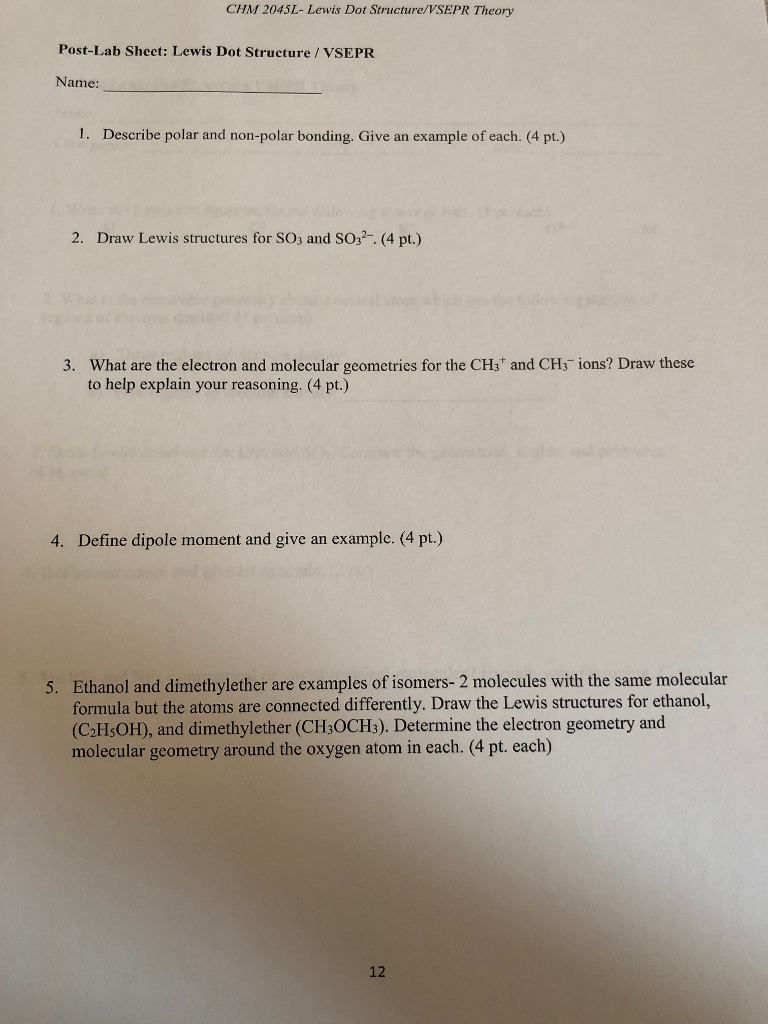 Theory Dot Prelab Lewis CHM 2045L- Solved: Structure/VSEPR ...