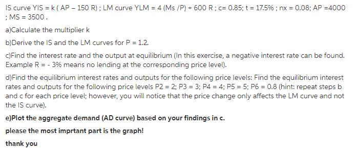 IS curve YIS-k ( AP-150 R) ; LM curve YLM-4 (Ms /P) + 600 R ; c= 0.85; t 17.5% ; nx-0.08: AP-4000 MS 3500 a)Calculate the multiplier k b)Derive the IS and the LM curves for P 1.2 c)Find the interest rate and the output at equilibrium (In this exercise, a negative interest rate can be found. rates and outputs for the following price levels P2 2; P3 3; P4 4; P5 5; P6 0.8 (hint: repeat stepsb and c for each price level; however, you will notice that the price change only affects the LM curve and not the IS curve). e)Plot the aggregate demand (AD curve) based on your findings in c. please the most imprtant part is the graph! thank you