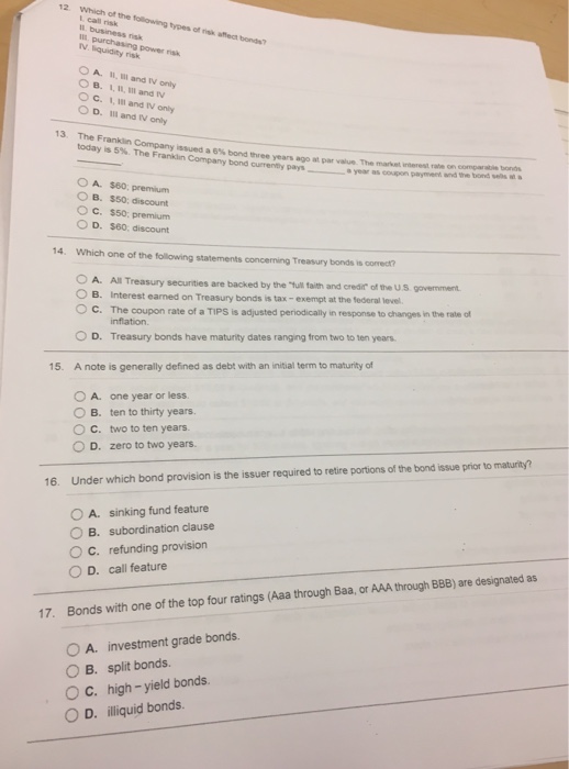 Solved 2 Which Of The Following Types Of Risk Affect Bond