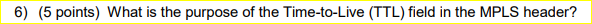 6) (5 points) What is the purpose of the Time-to-Live (TTL) field in the MPLS header?