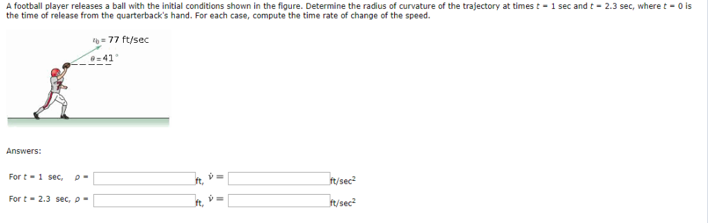 A football player releases a ball with the initial conditions shown in the figure. Determine the radius of curvature of the t