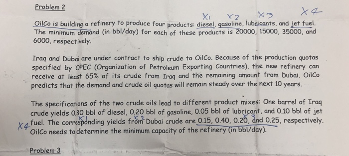 Problem 2 OilCo is building a refinery to produce four products: diesel, gasoline, lubricants, and jet fuel The minimum deman