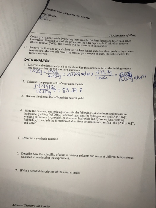 Synthesis of alum lab report chegg image