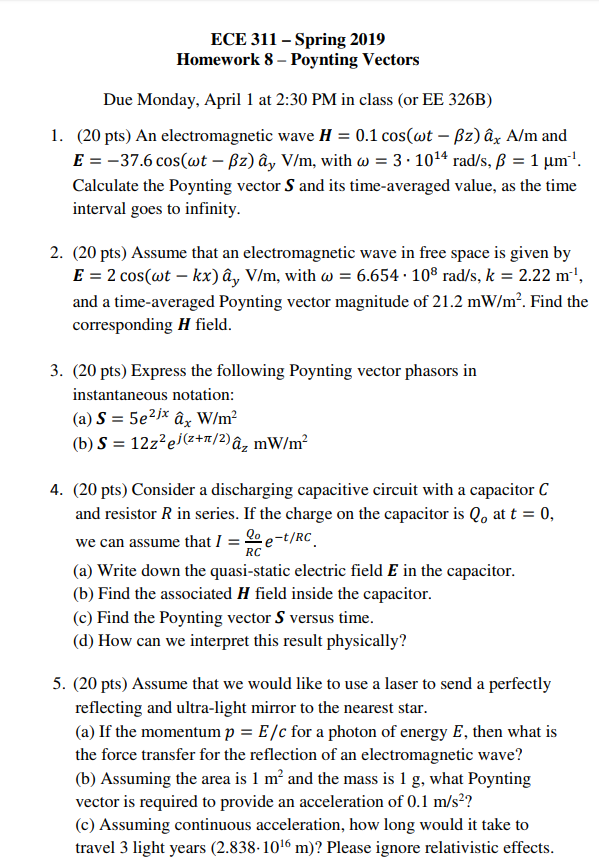 Solved Ece 311 Spring 19 Homework 8 Poynting Vector Chegg Com