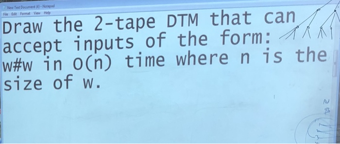 File Edit Format Vew Help Draw the 2-tape DTM that can accept inputs of the form:-ィ w#w in 0(n) time where n is the size of w. A/