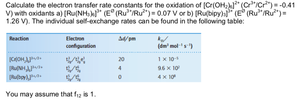 Solved Calculate The Electron Transfer Rate Constants For Electron Transfer Rate Constants