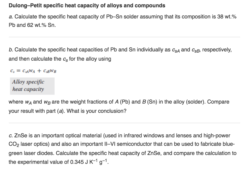 Solved Dulong Petit Specific Heat Capacity Of Alloys And Chegg Com