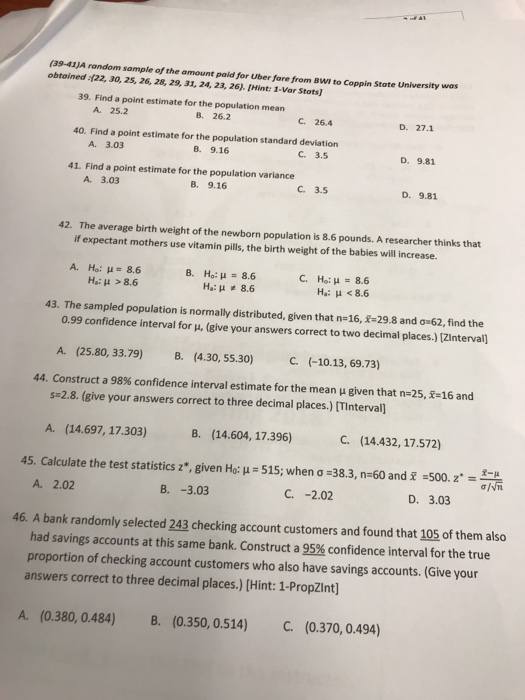 Solved (39-41JA random sample of the amount paid for Uber  Chegg.com