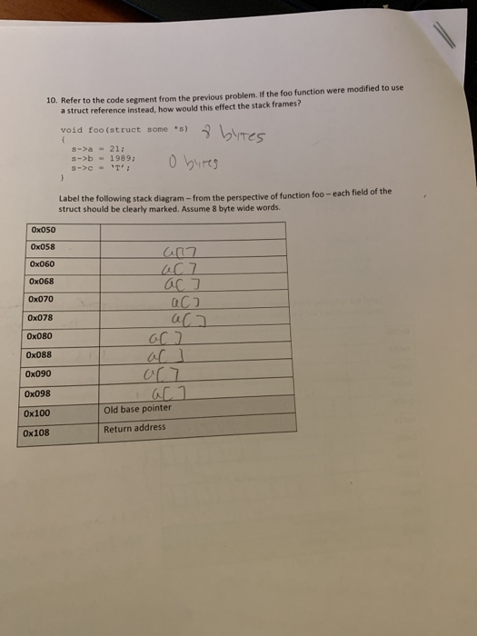 10. Refer to the code segment from the previous problem.If the foo function were modified to use a struct reference instead,