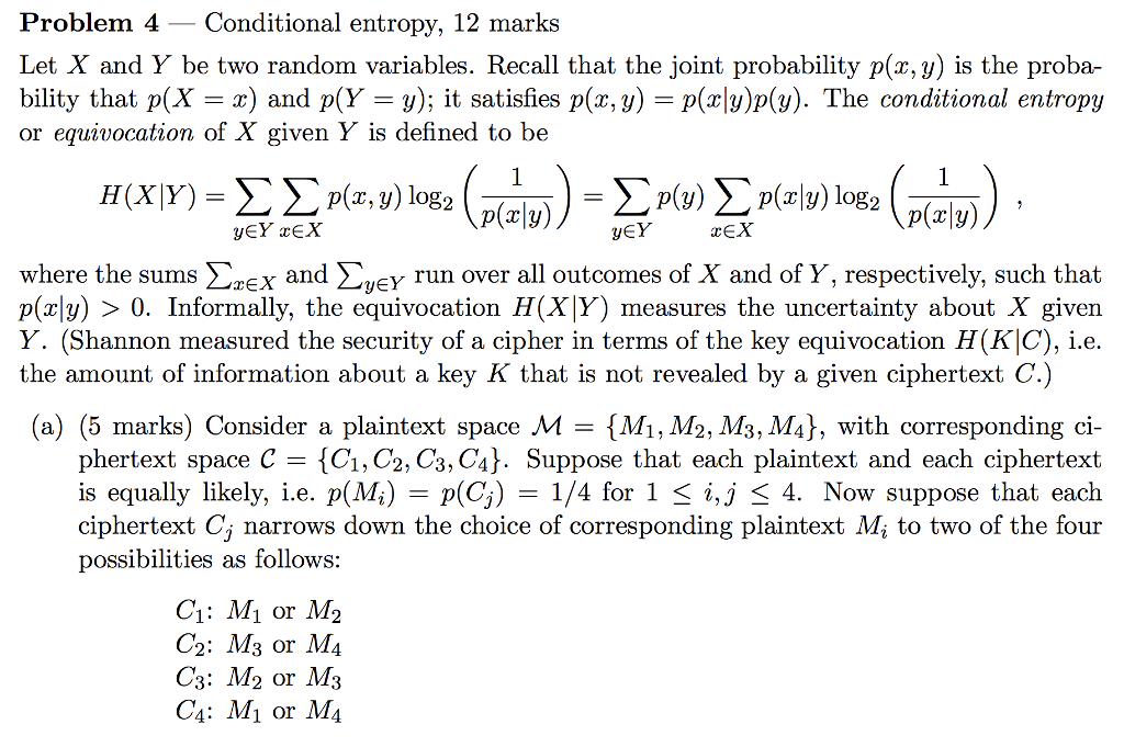 Problem 4 Conditional Entropy 12 Marks Let X And Chegg Com