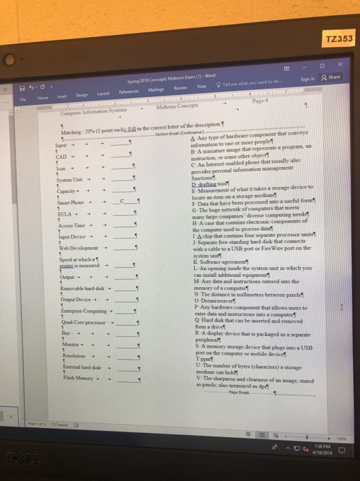 I TZ353 Spring 2079 Concepts Midterm Exam (1)-Word ile Home hsen Design Layout References Mings Review View 8Teu me what you