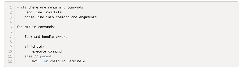 1 |while there are remaining commands: read line from file parse line into command and argument:s 4 5 for cmd in commands for