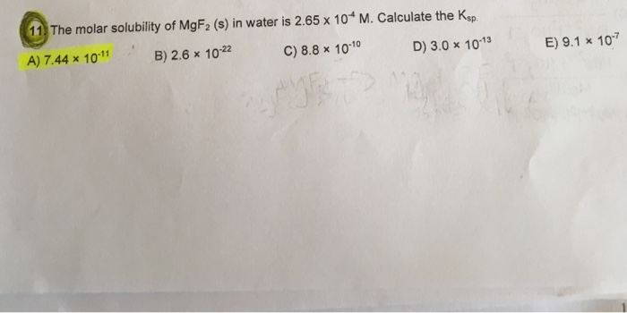 Solved 1 The Molar Solubility Of Mgf2 S In Water Is 2 65 Chegg Com