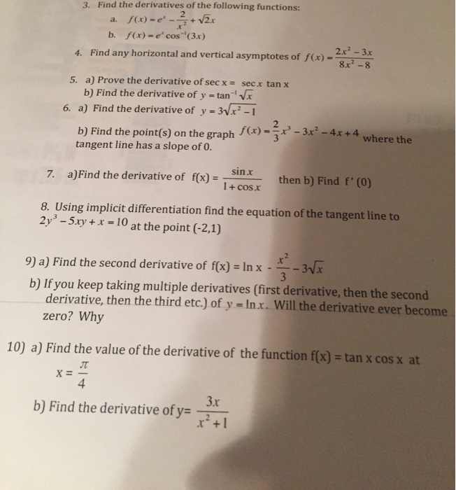 Solved 3 Find The Derivatives Of The Following Functions Chegg Com