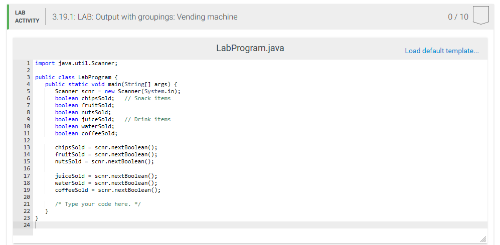 LAB ACTIVITY 3.19.1: LAB: Output with groupings: Vending machine 0/10 LabProgram.java Load default template... 1 import java.